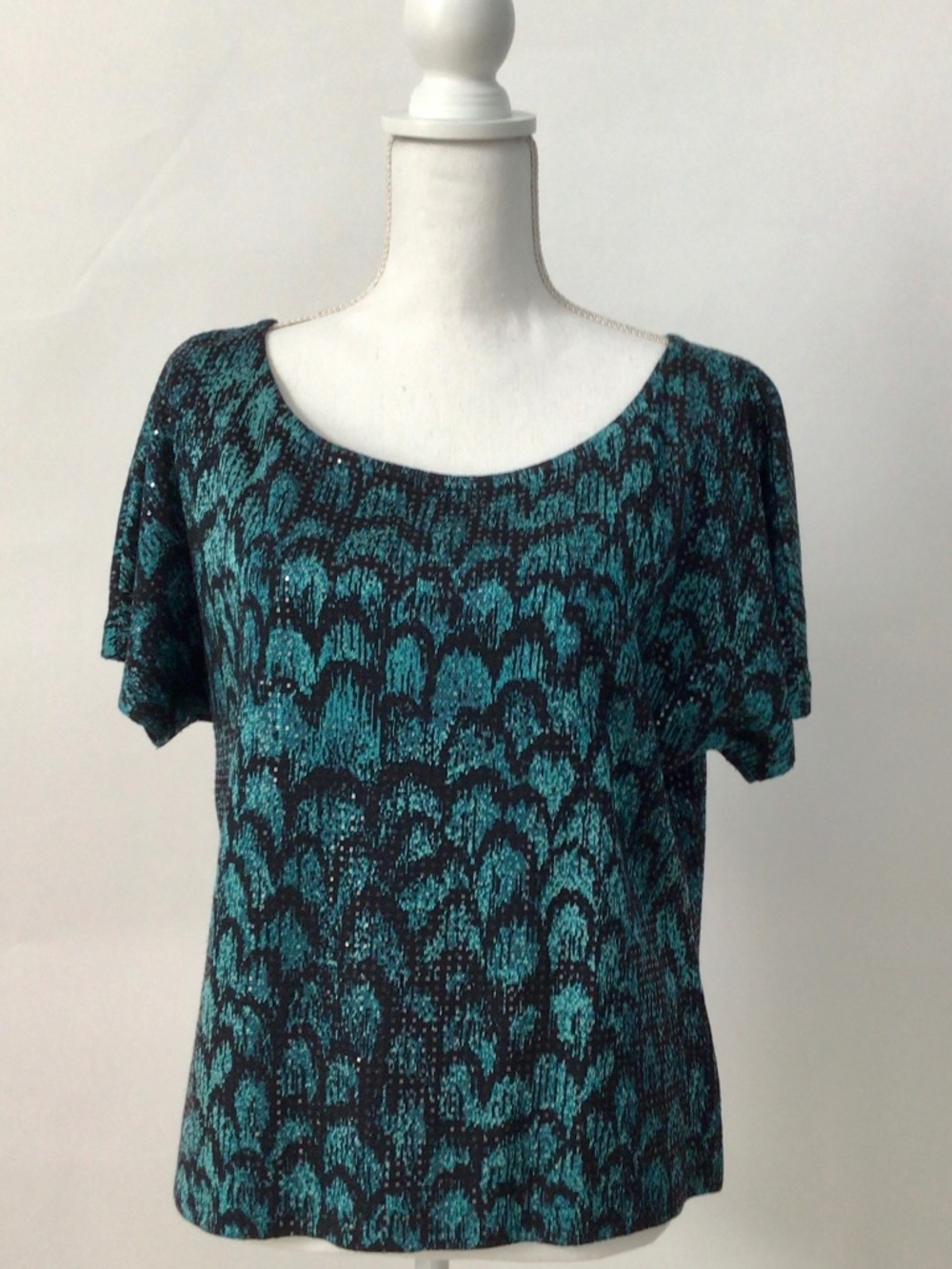 St. John Black Teal Embellished Knit Evening Blouse Top Luxury Designer Size L